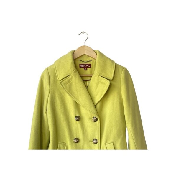 Merona Womens Coat Jacket Size S Wool Pea Green Yellow Double Breasted Short Mid - Picture 3 of 10